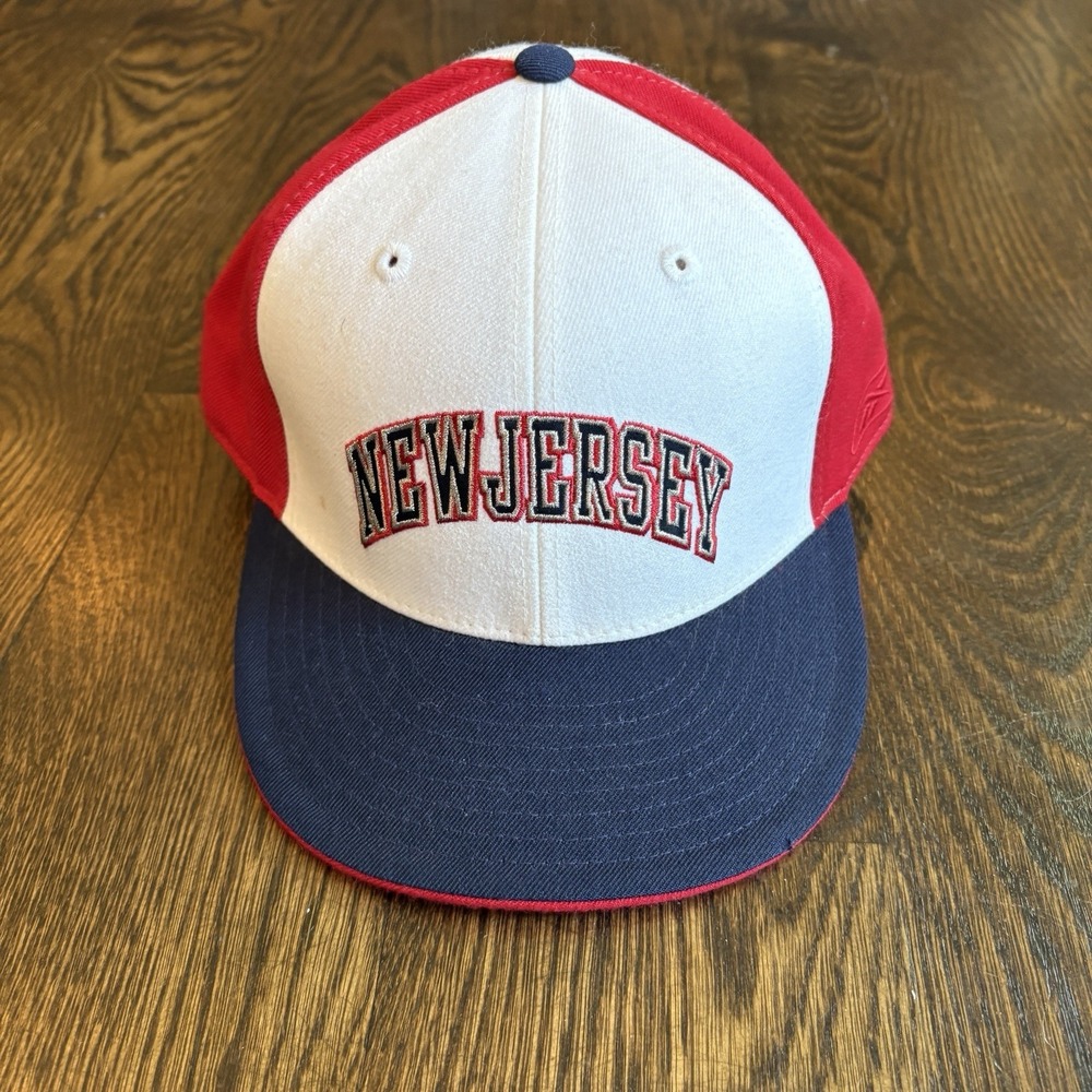 Vintage New Jersey Nets Reebok Fitted Hat Size 8 NBA Y2K Red White Blue Cap